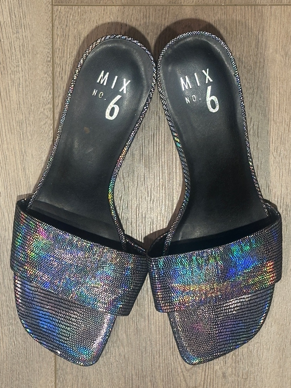 Mix No. 6 Iridescent Holographic Slide Low Hell Sandals, Black Footbed, Sz 8